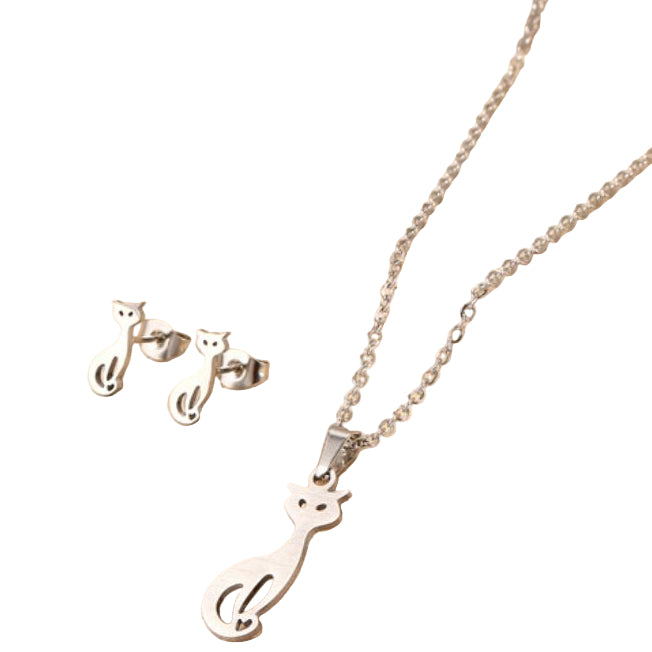 Cat Silhouette Necklace & Earrings Set