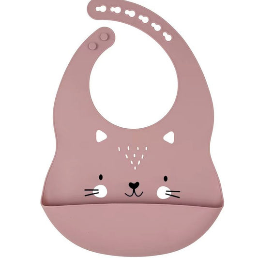 Pink Cat Face Silicone Baby Bib with Catcher