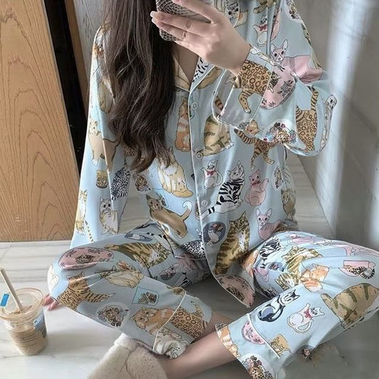 Womenβs Satin Multi Cat Print Pyjama Set - Light Blue