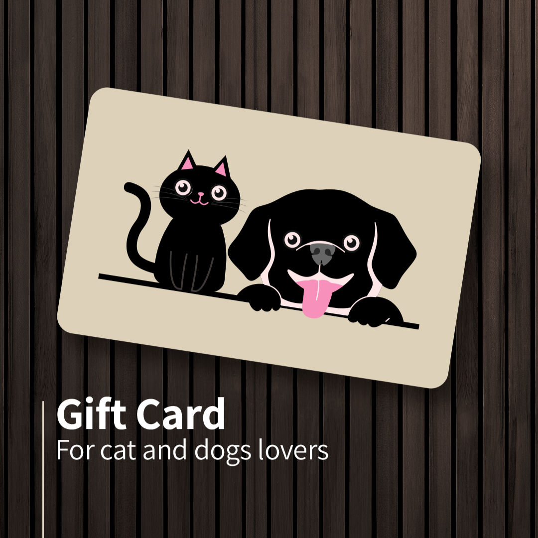 Gift card with an illustration of a black cat and a black dog on a wooden background. The text on the card reads 'Gift Card for cat and dogs lovers'.