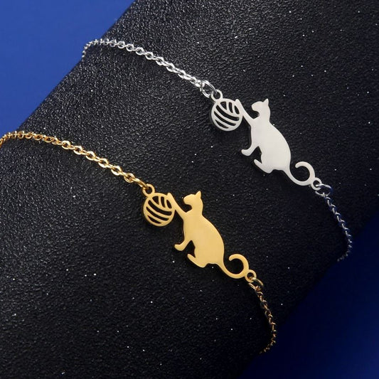 Engravable Cat & Yarn Stainless Steel Bracelet