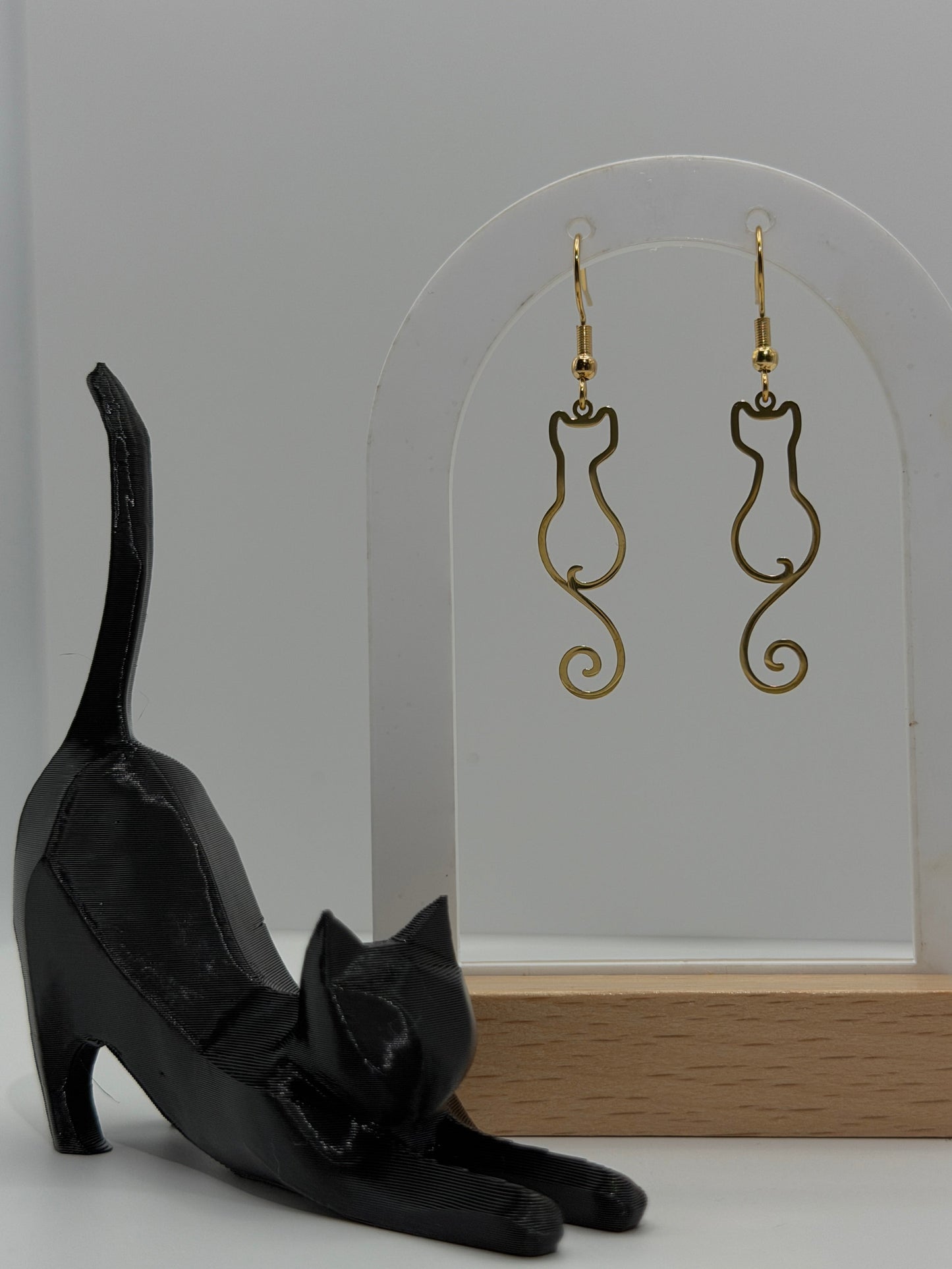 Cat Pendant Drop Earrings - Gold and Silver