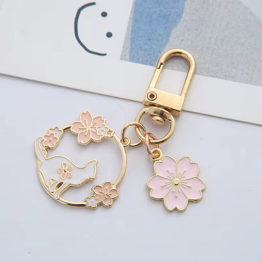 Pink Cat Cherry Blossom Keychain