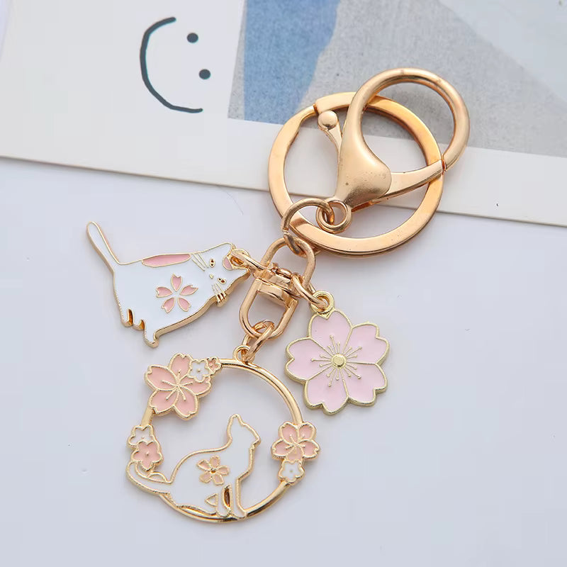 Pink Cat Cherry Blossom Keychain