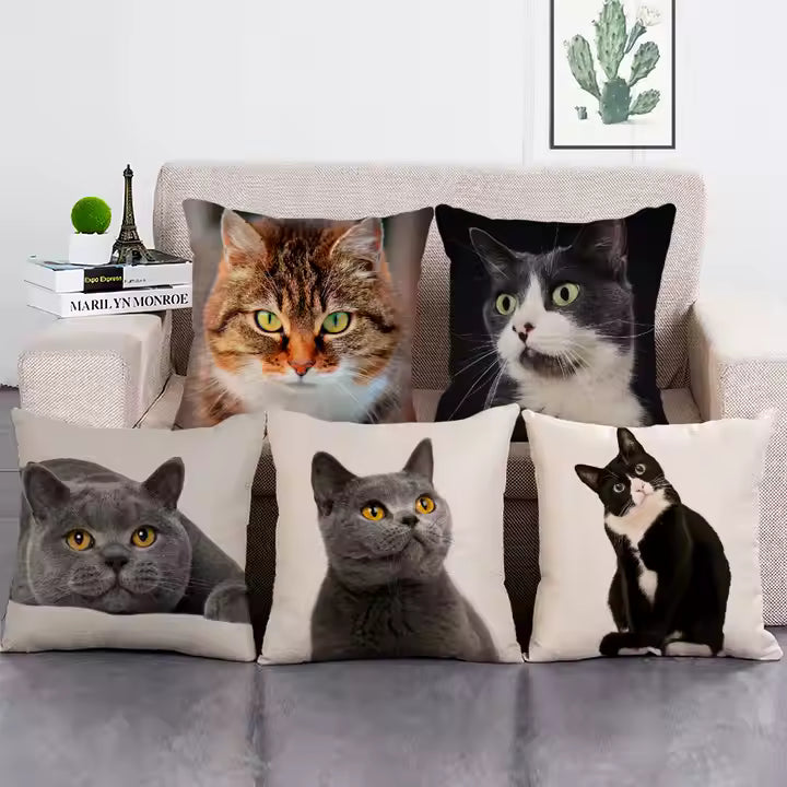 Cat Print Linen Cushion Cover