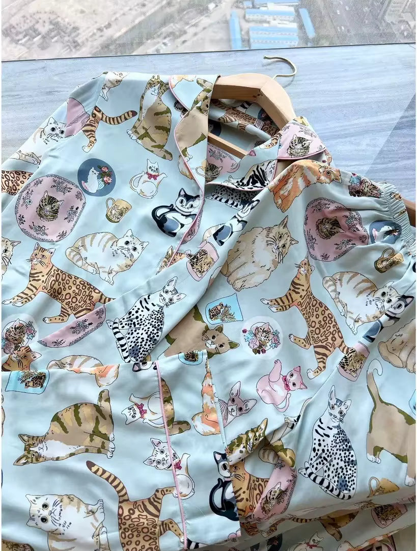 Women’s Satin Multi Cat Print Pyjama Set - Light Blue