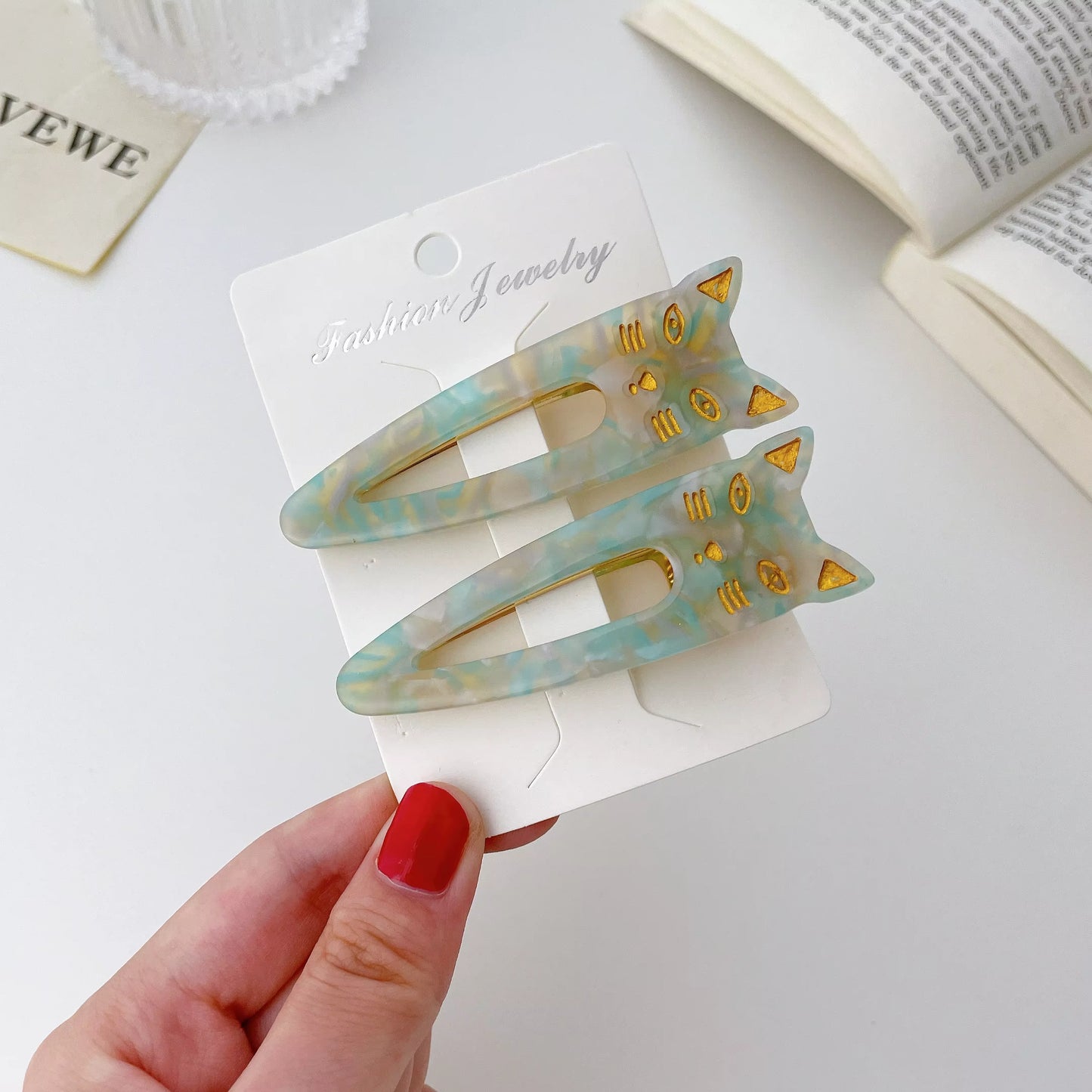 Cat Face Acetate Hair Clips - 2 Pack Set