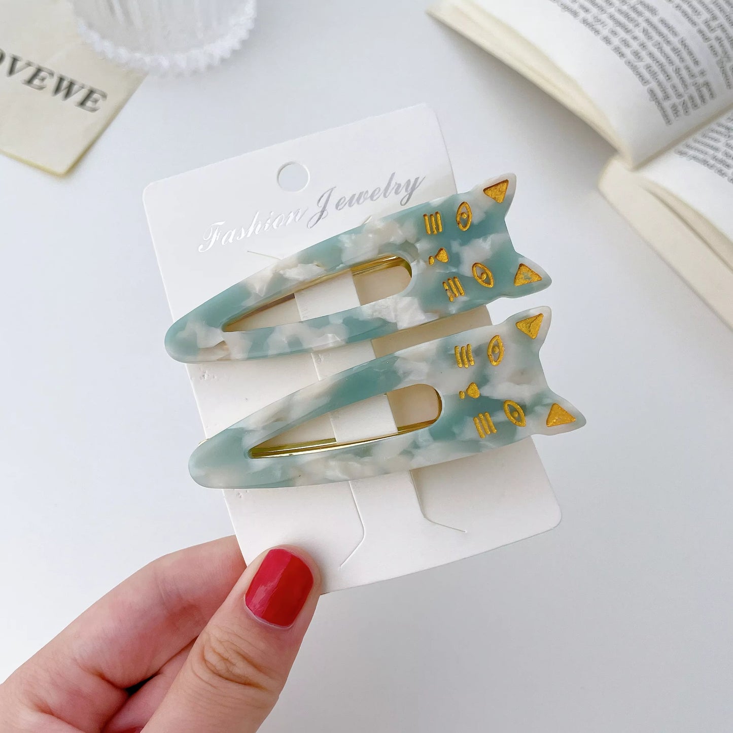 Cat Face Acetate Hair Clips - 2 Pack Set