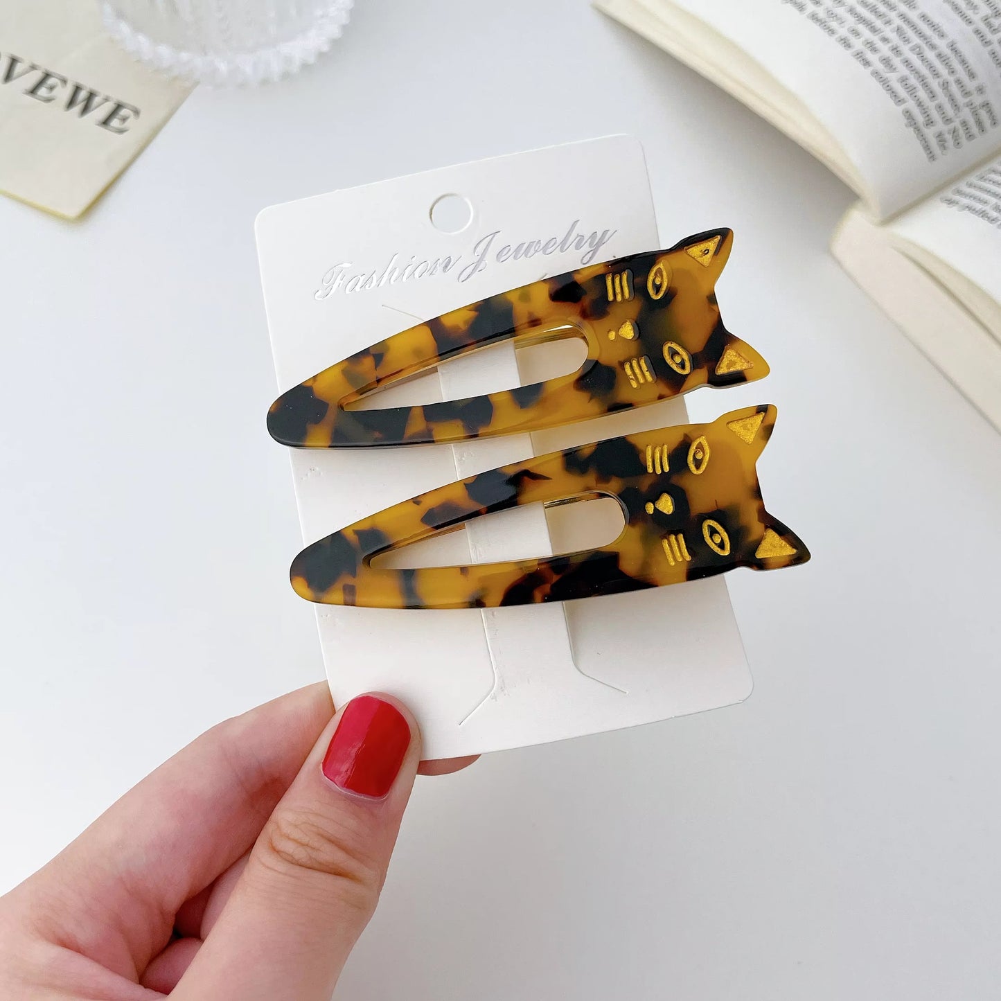 Cat Face Acetate Hair Clips - 2 Pack Set
