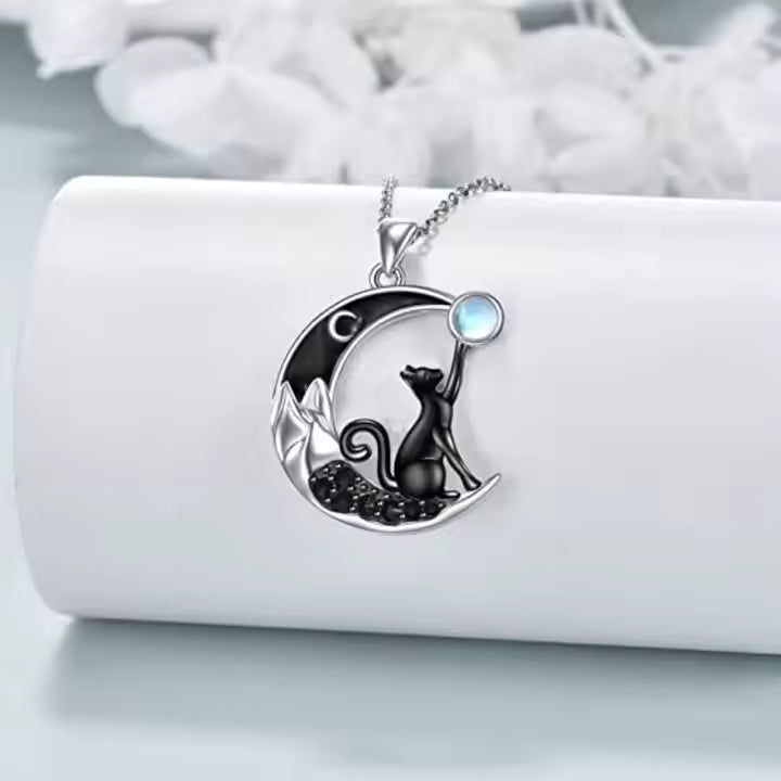 Moonstone Black Cat Necklace