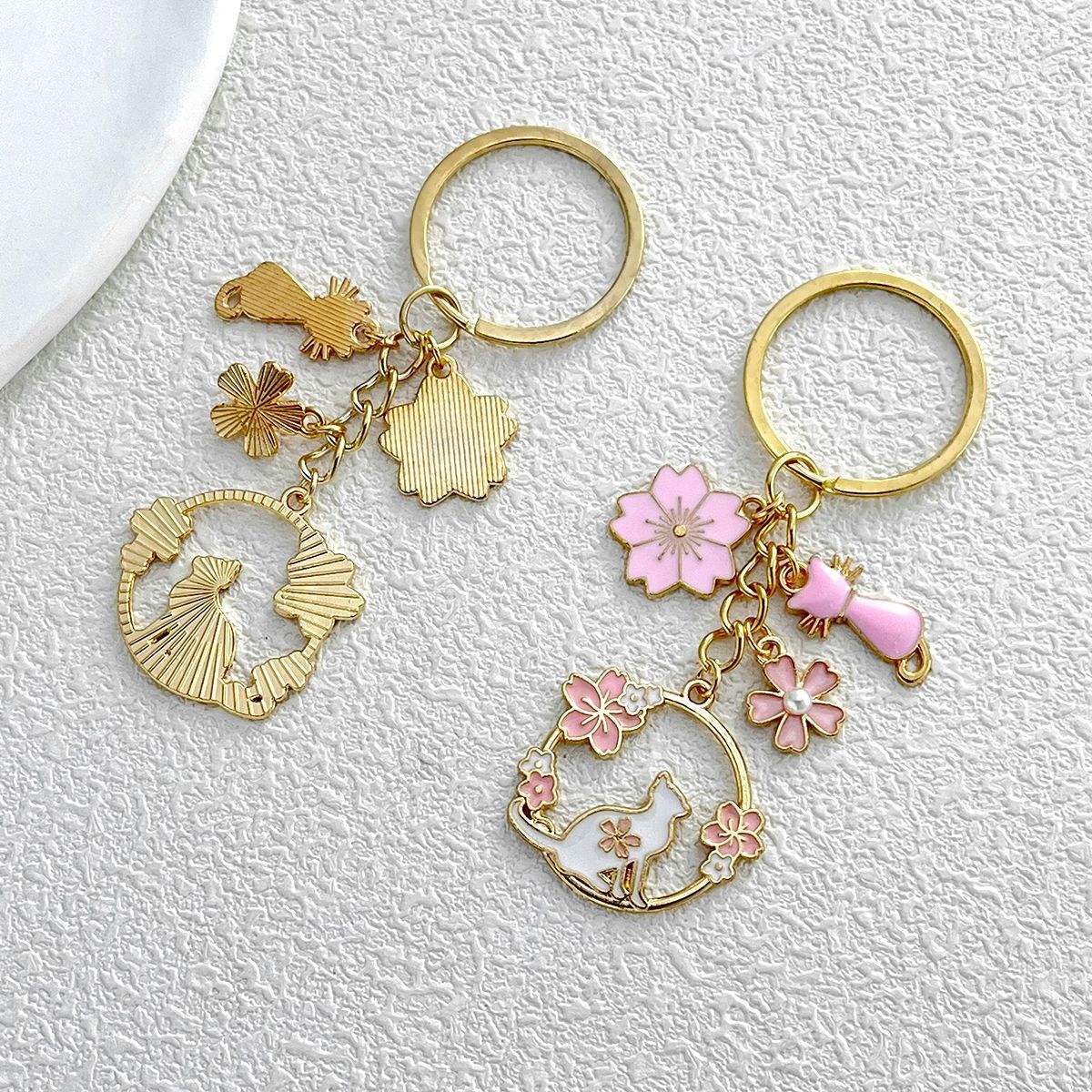 Pink Cat Cherry Blossom Keychain
