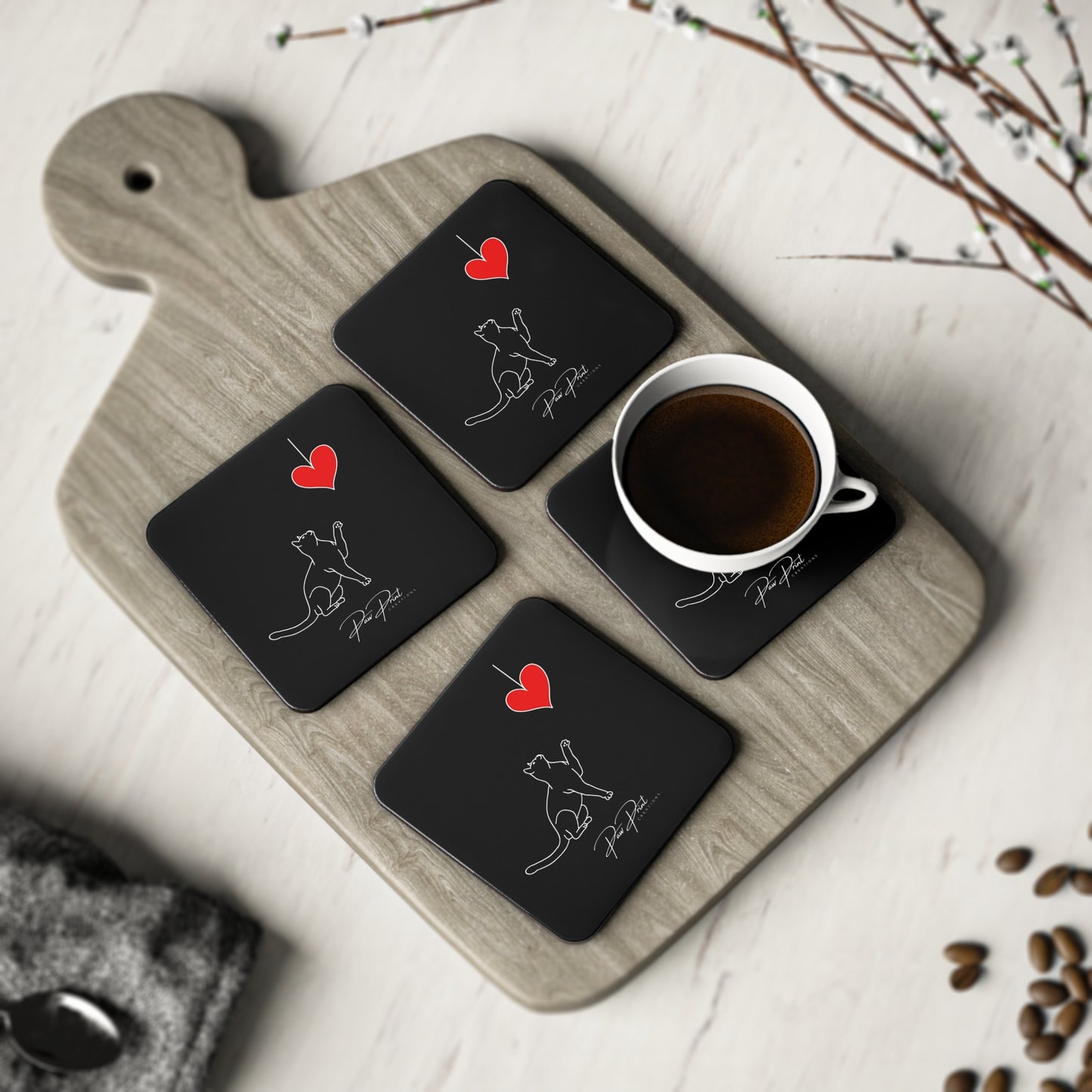 Black Cat Playful Heart - Coasters