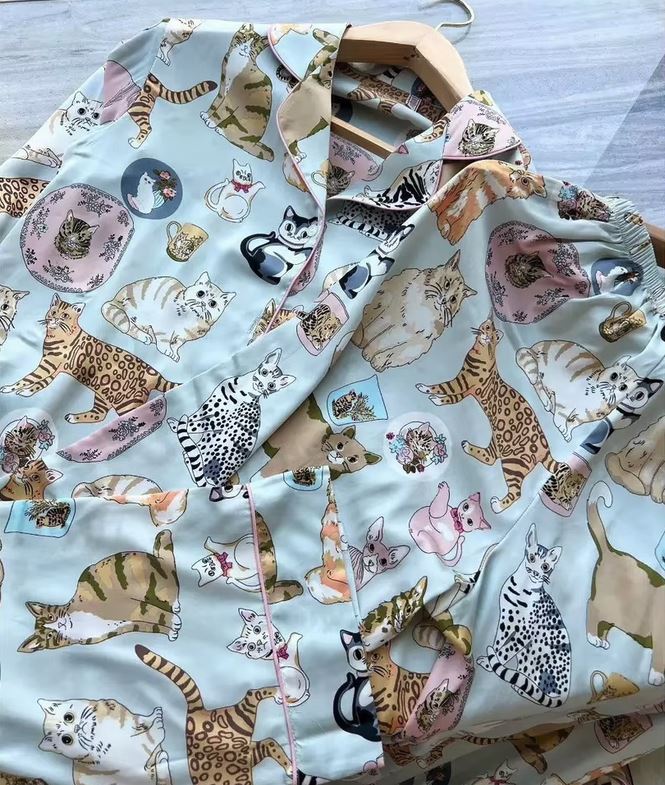 Women’s Satin Multi Cat Print Pyjama Set - Light Blue