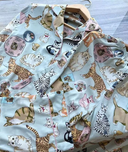 Women’s Satin Multi Cat Print Pyjama Set - Light Blue