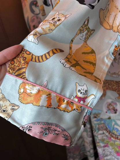 Women’s Satin Multi Cat Print Pyjama Set - Light Blue