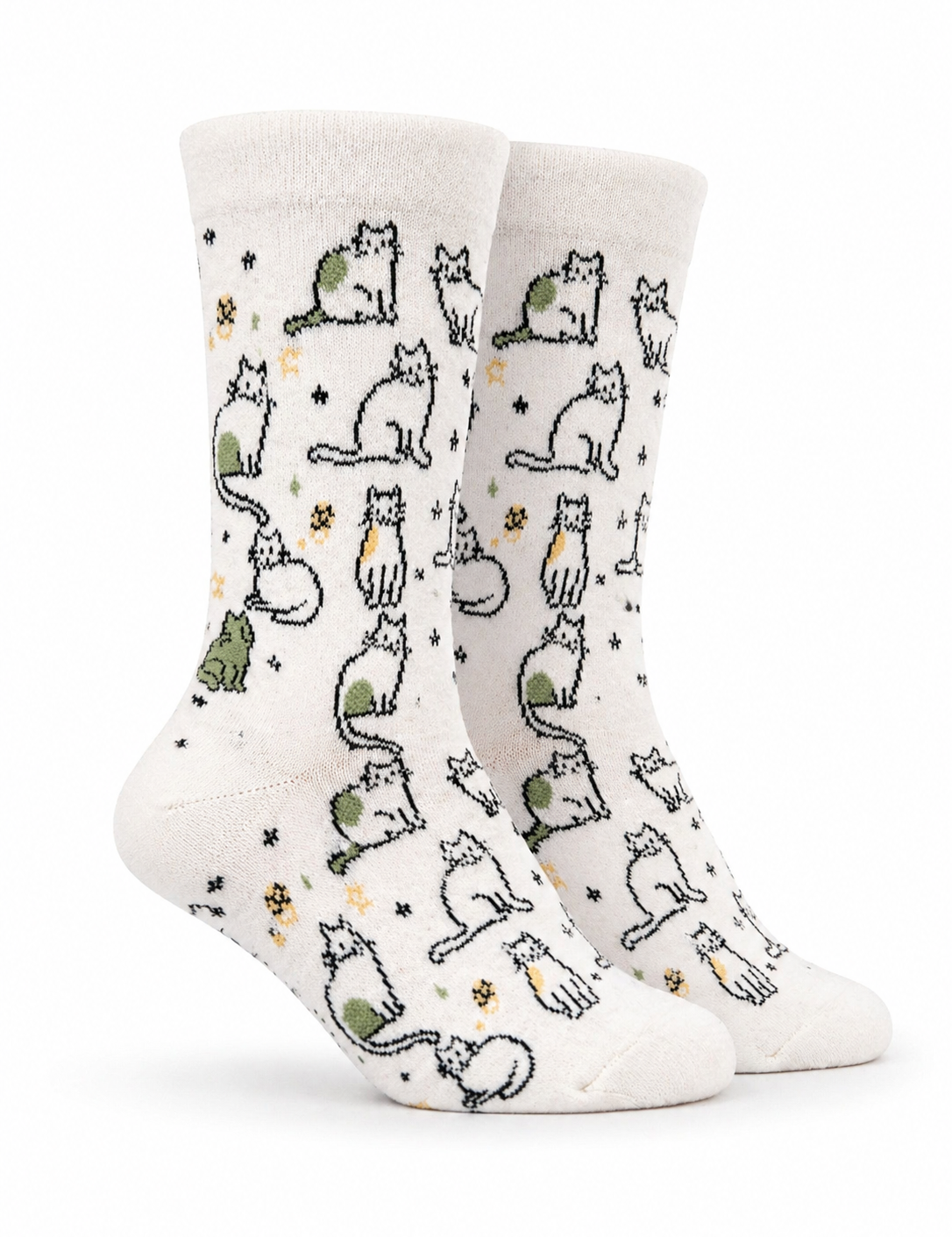 Two pairs of socks with cat patterns on a white background