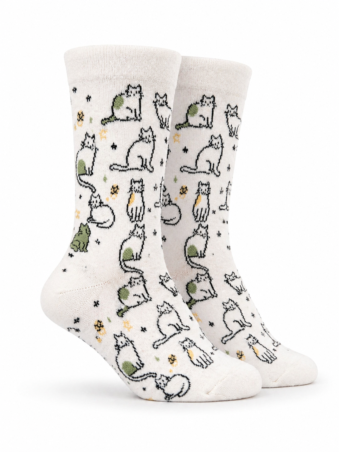 Two pairs of socks with cat patterns on a white background