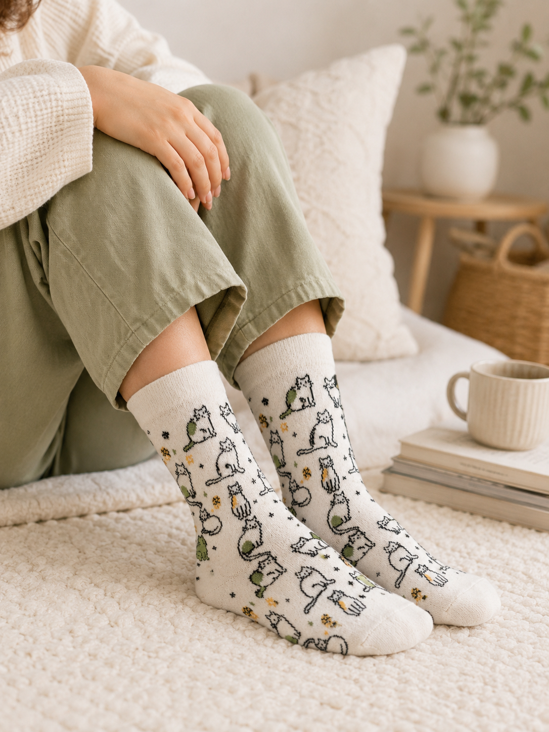 A person sitting on a bed wearing white crew socks with a black line-art cat pattern and small green and yellow accents, paired with sage green pants in a cozy bedroom setting.