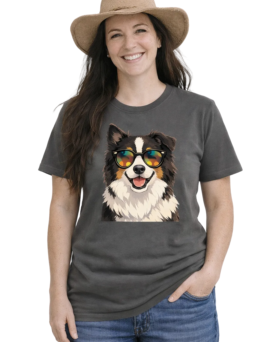 Person wearing a dark gray t-shirt with a dog graphic, sunglasses, and a hat on a white background