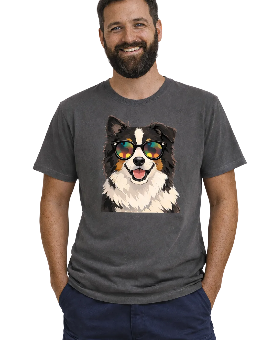 Man wearing a gray t-shirt with a dog graphic and sunglasses on a white background