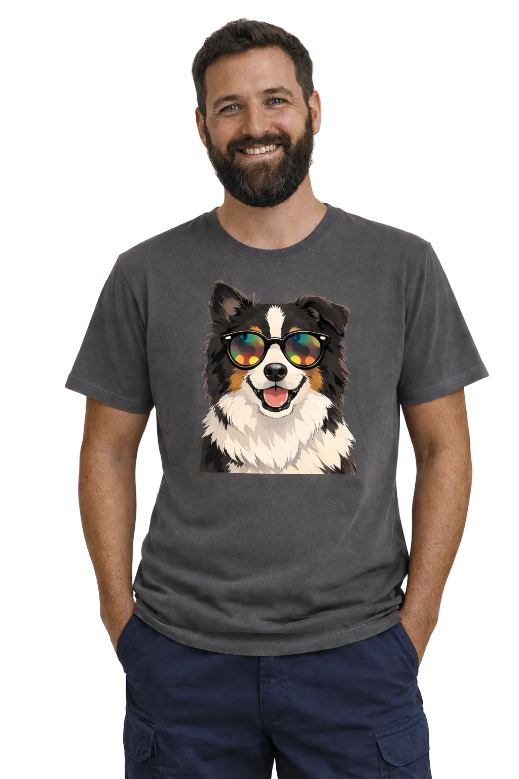 Man wearing a gray t-shirt with a dog graphic and sunglasses on a white background