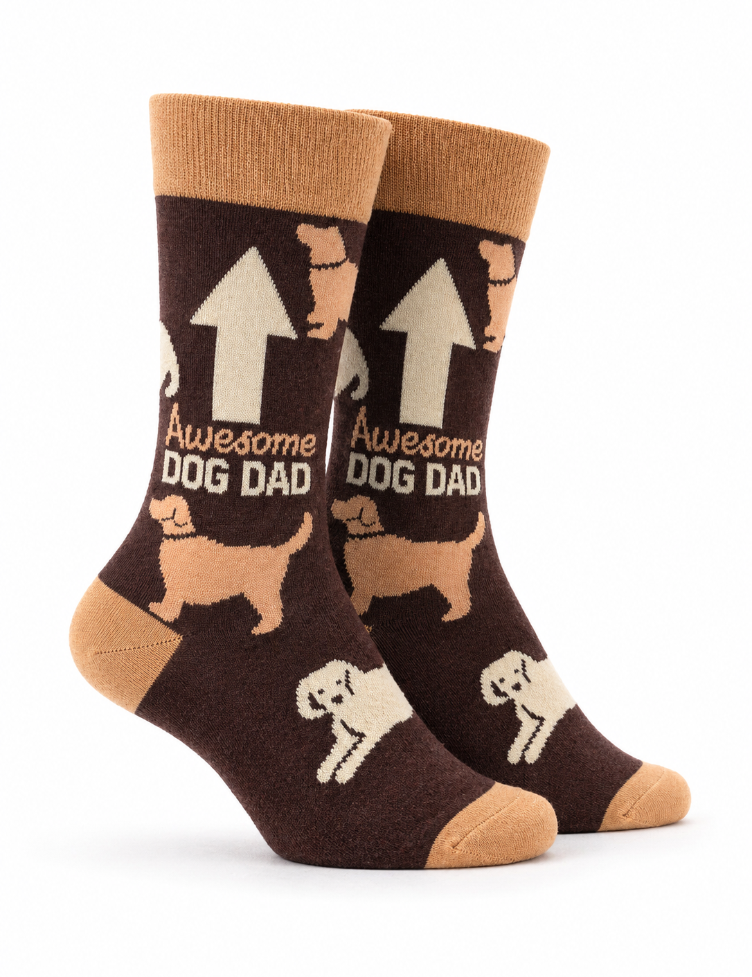 Pair of socks with 'Awesome Dog Dad' text and dog illustrations on a white background