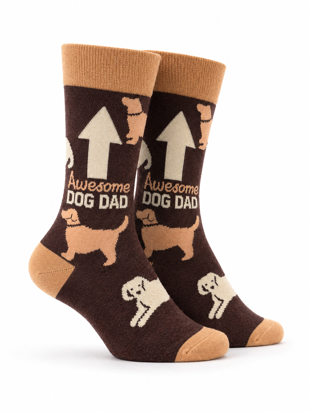 Pair of socks with 'Awesome Dog Dad' text and dog illustrations on a white background