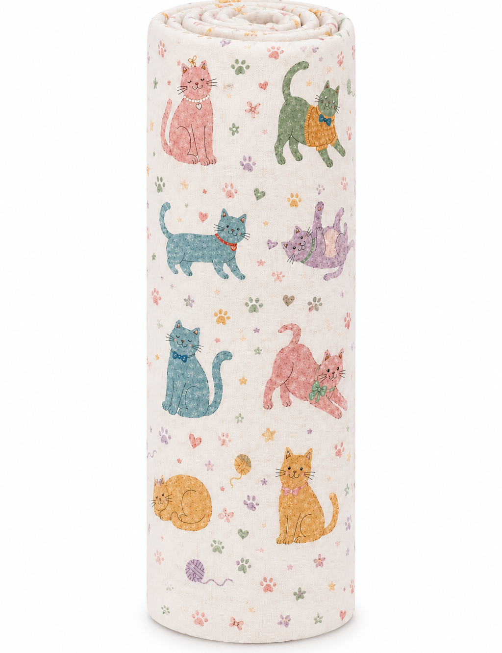 A rolled-up fabric blanket or towel featuring a playful pattern of illustrated cats in various colors on a warm off-white background.