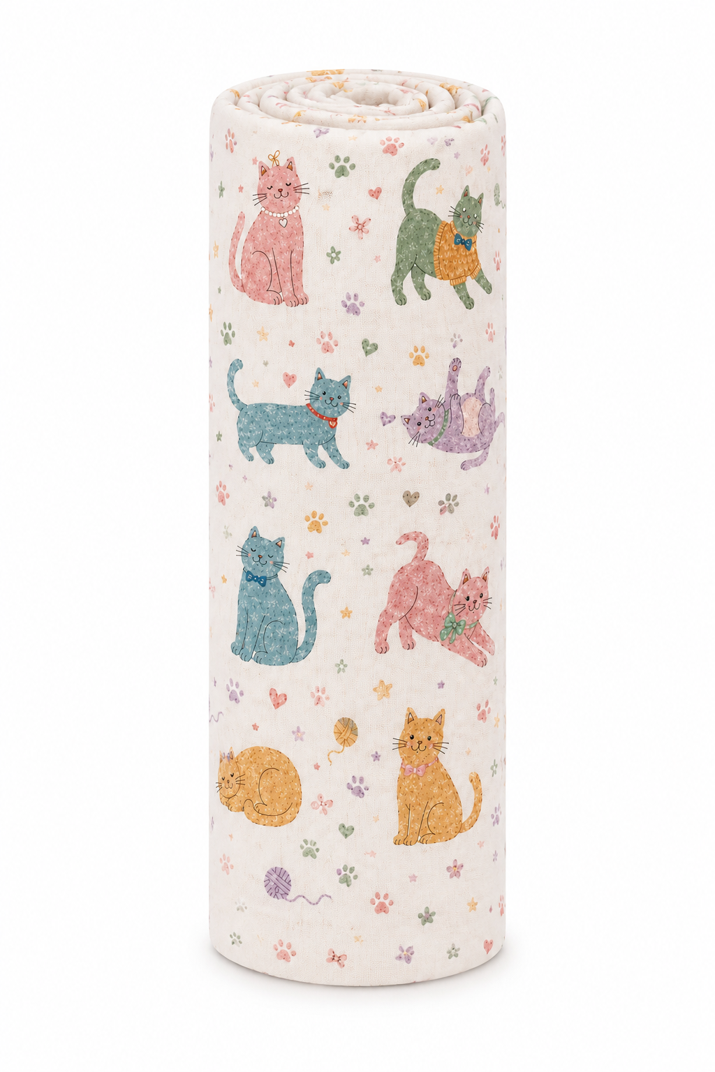 A rolled-up fabric blanket or towel featuring a playful pattern of illustrated cats in various colors on a warm off-white background.