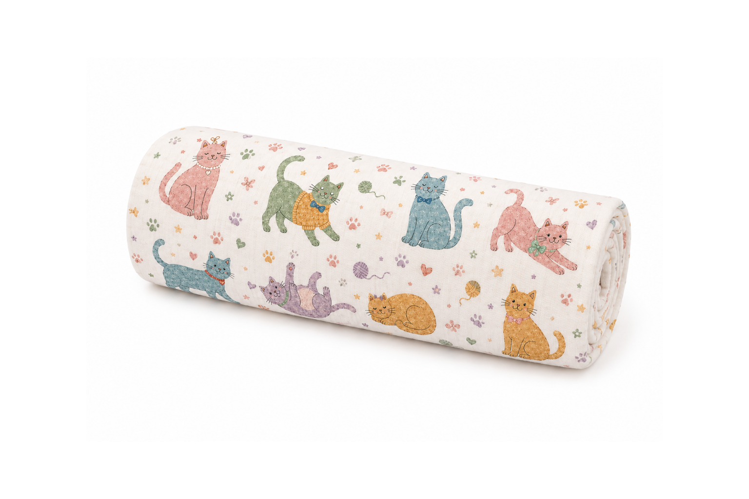A rolled-up fabric blanket or towel featuring a playful pattern of illustrated cats in various colors on a warm off-white background.