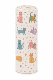 A rolled-up fabric blanket or towel featuring a playful pattern of illustrated cats in various colors on a warm off-white background.