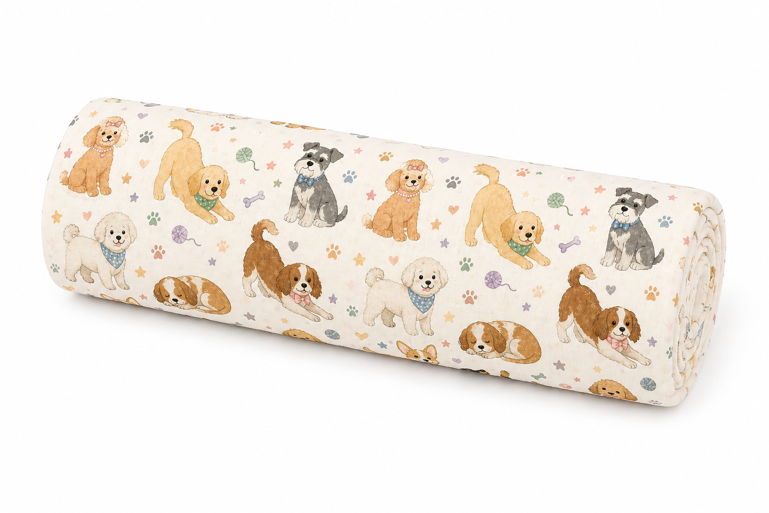 A cylindrical bolster pillow with a cream-colored fabric cover featuring a playful pattern of various dog breeds and paw prints, shown on a plain white background.