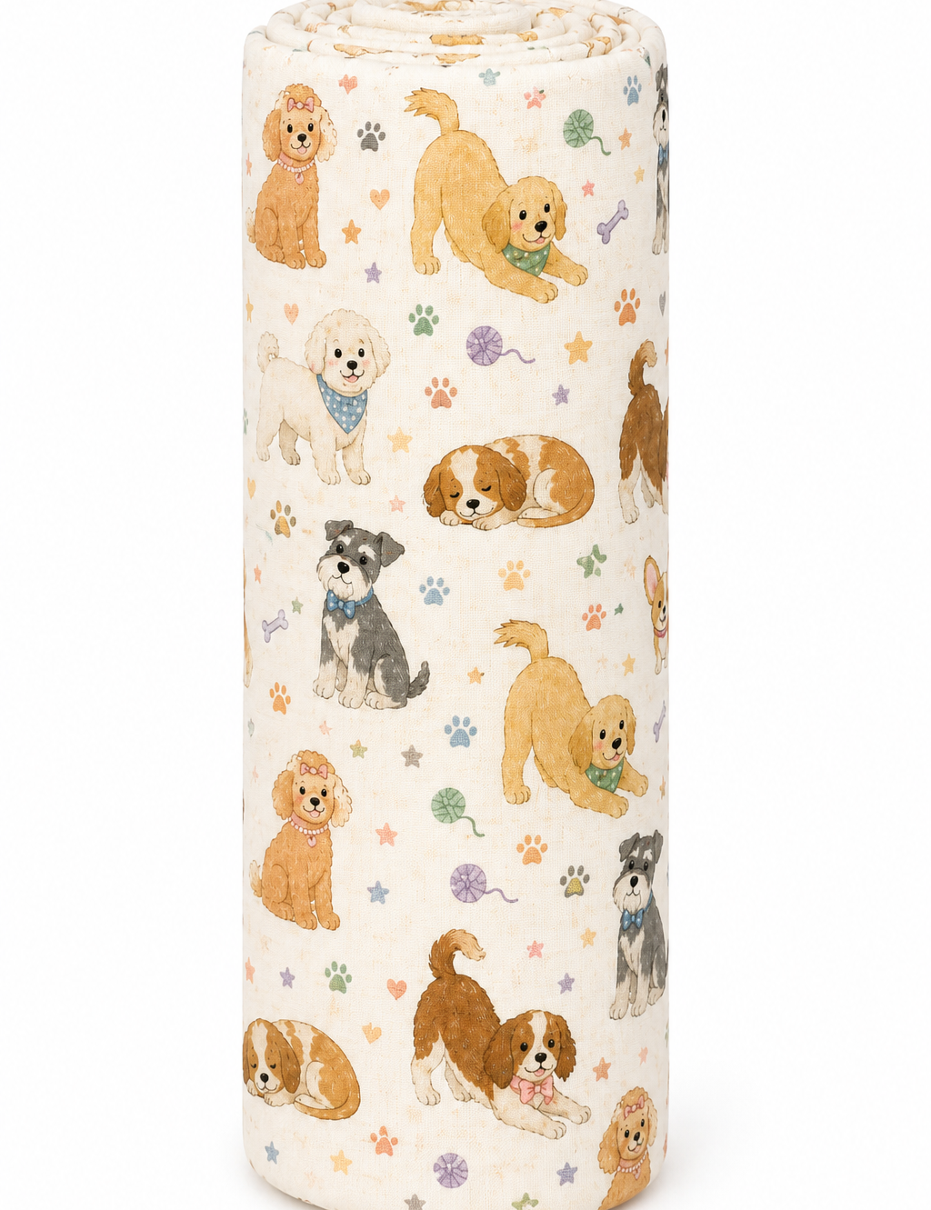 A cylindrical bolster pillow with a cream-colored fabric cover featuring a playful pattern of various dog breeds and paw prints, shown on a plain white background.
