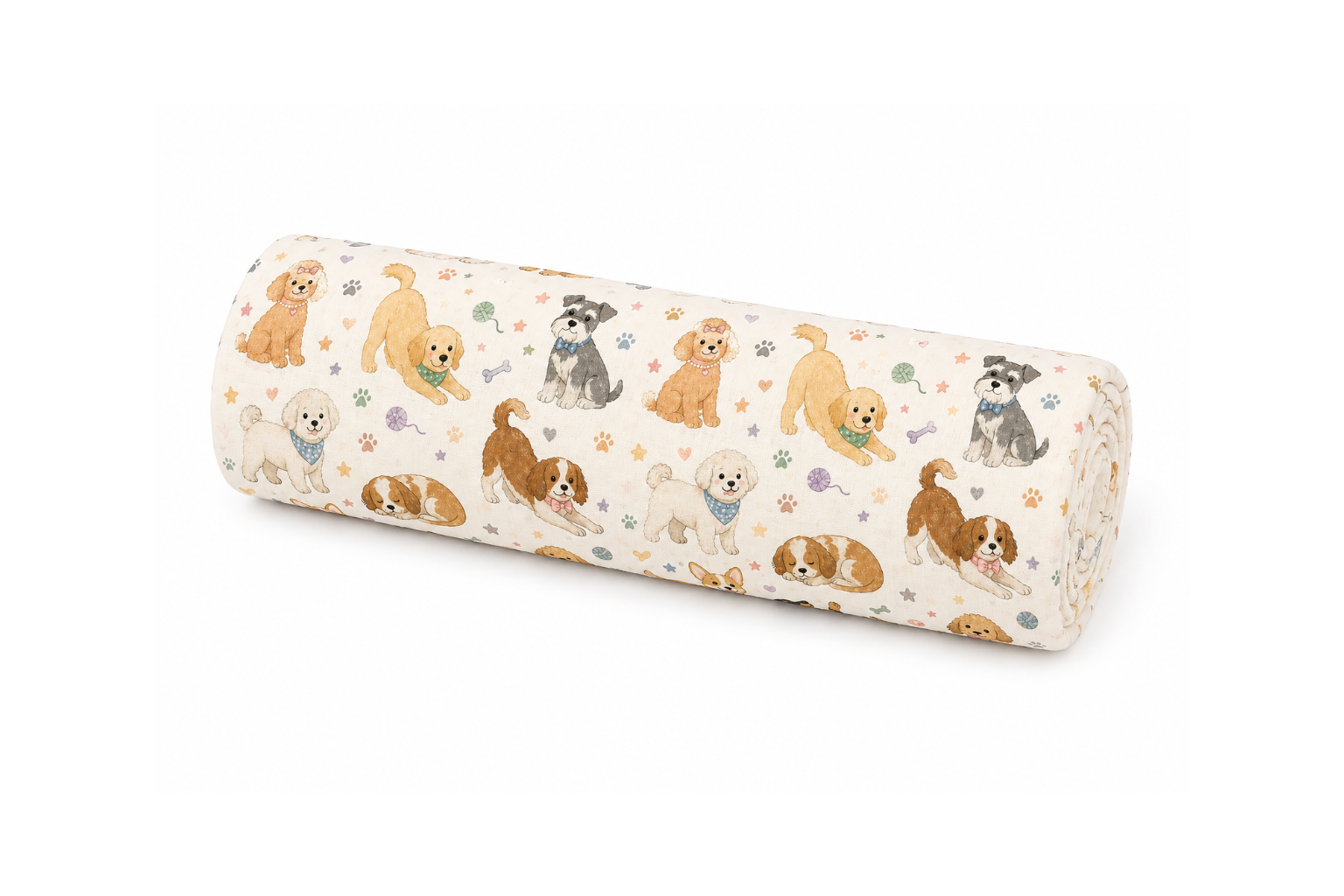 A cylindrical bolster pillow with a cream-colored fabric cover featuring a playful pattern of various dog breeds and paw prints, shown on a plain white background.