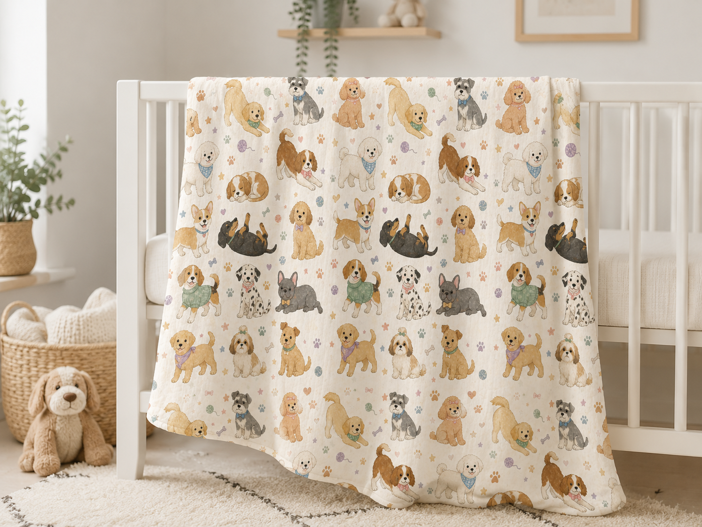 A soft baby blanket with a colorful cartoon dog print draped over a woven basket, styled in a nursery setting with a plush bunny toy and wooden rattle nearby.