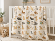 A soft baby blanket with a colorful cartoon dog print draped over a woven basket, styled in a nursery setting with a plush bunny toy and wooden rattle nearby.
