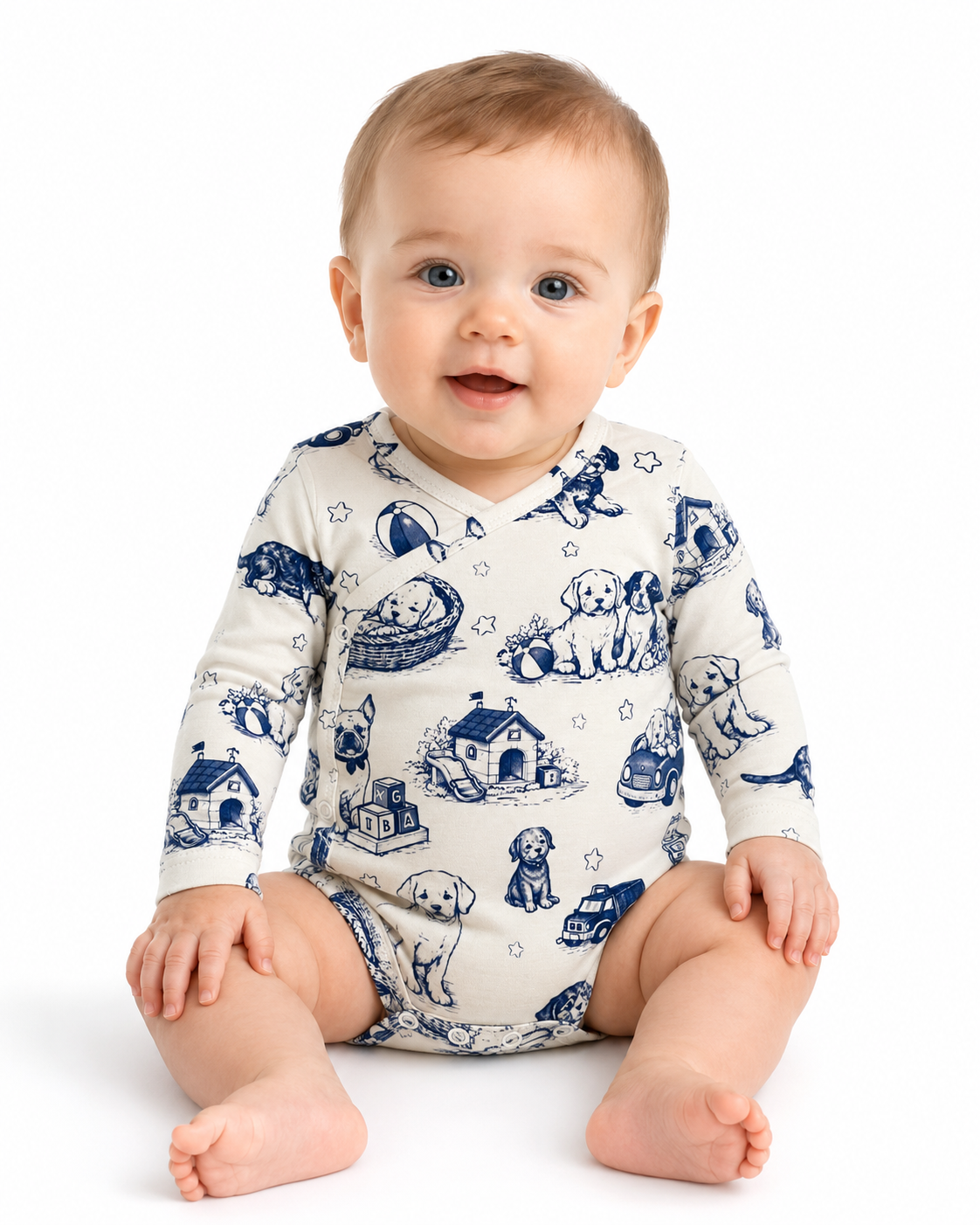 A baby sitting on a white studio background wearing a long-sleeve cream bodysuit with a blue dog-themed print.