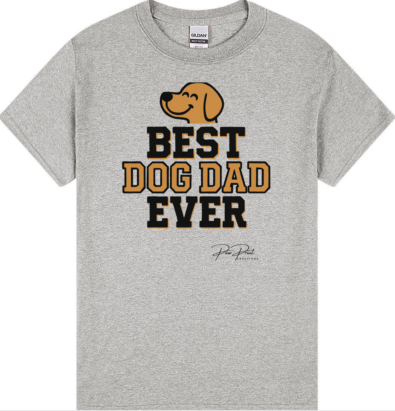 Gray t-shirt with 'Best Dog Dad Ever' text and dog graphic on a white background