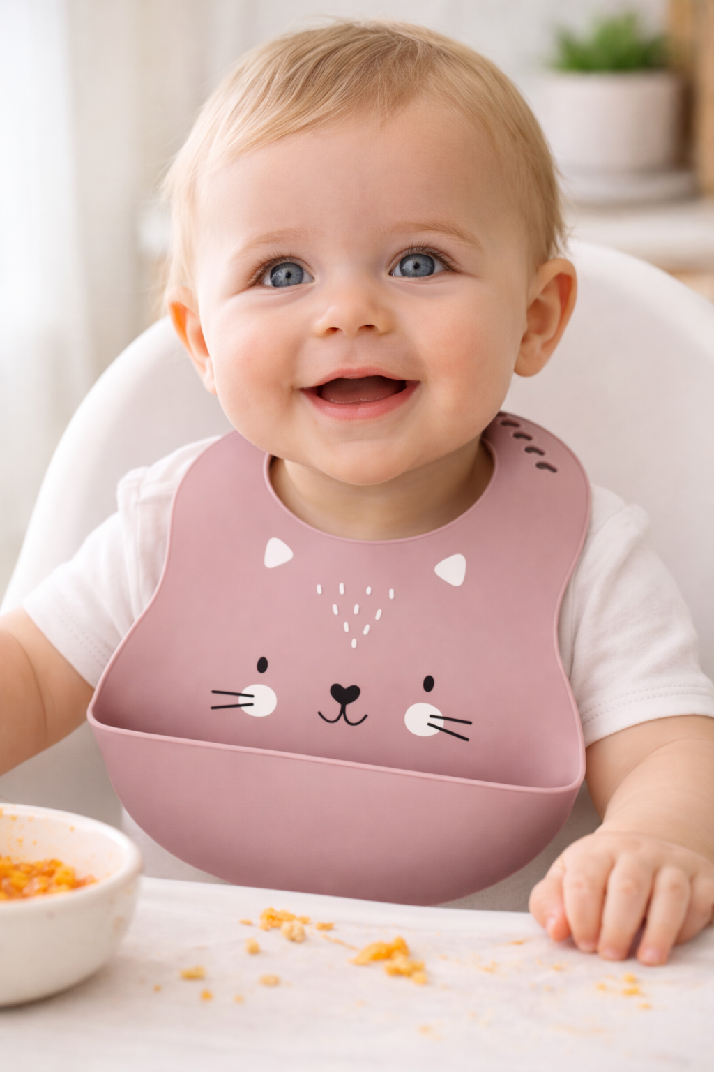 Pink Cat Face Silicone Baby Bib with Catcher