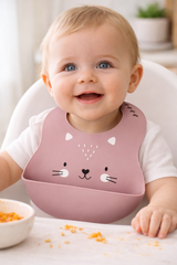 Pink Cat Face Silicone Baby Bib with Catcher