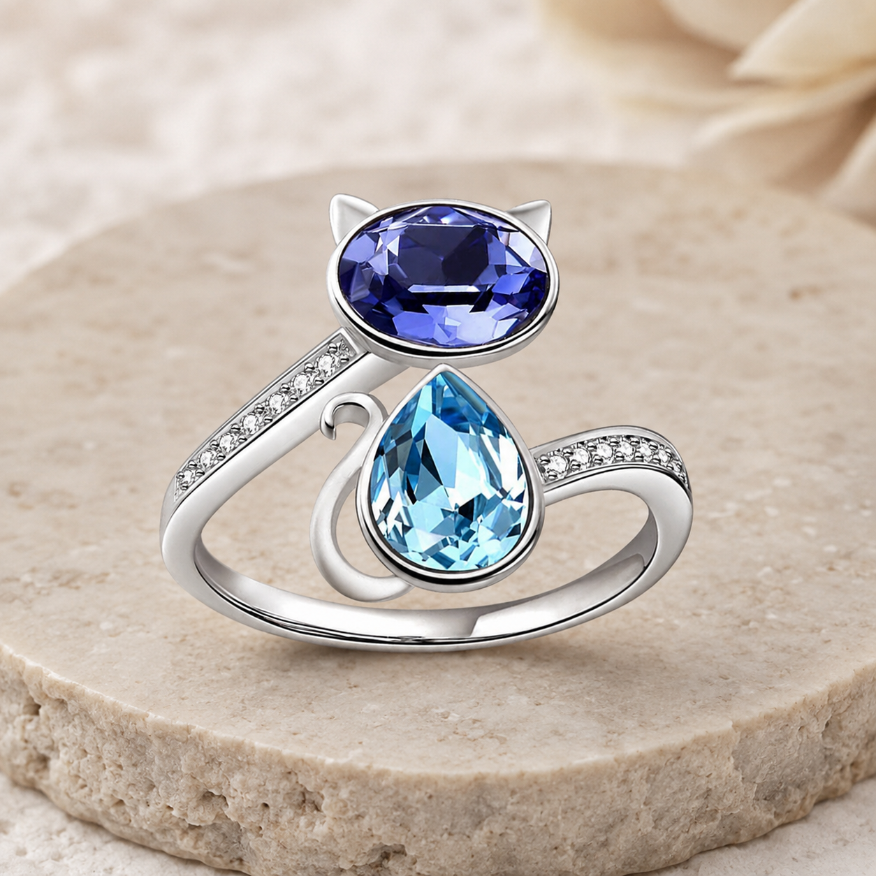 Sterling Silver Blue Crystal Cat Adjustable Ring