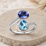 Sterling Silver Blue Crystal Cat Adjustable Ring