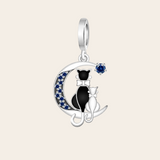 Sterling Silver Blue Zircon Cat Family Moon Charm