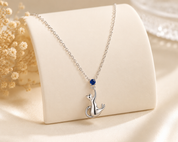 Blue Zircon Cat Pendant Sterling Silver Necklace