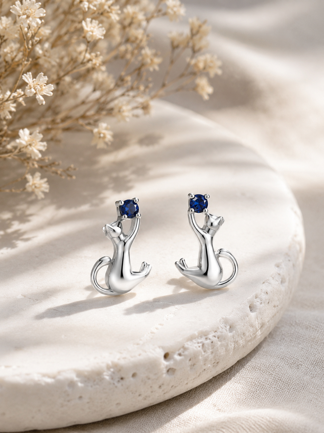 Sterling Silver Blue Zircon Cat Stud Earrings