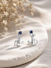 Sterling Silver Blue Zircon Cat Stud Earrings
