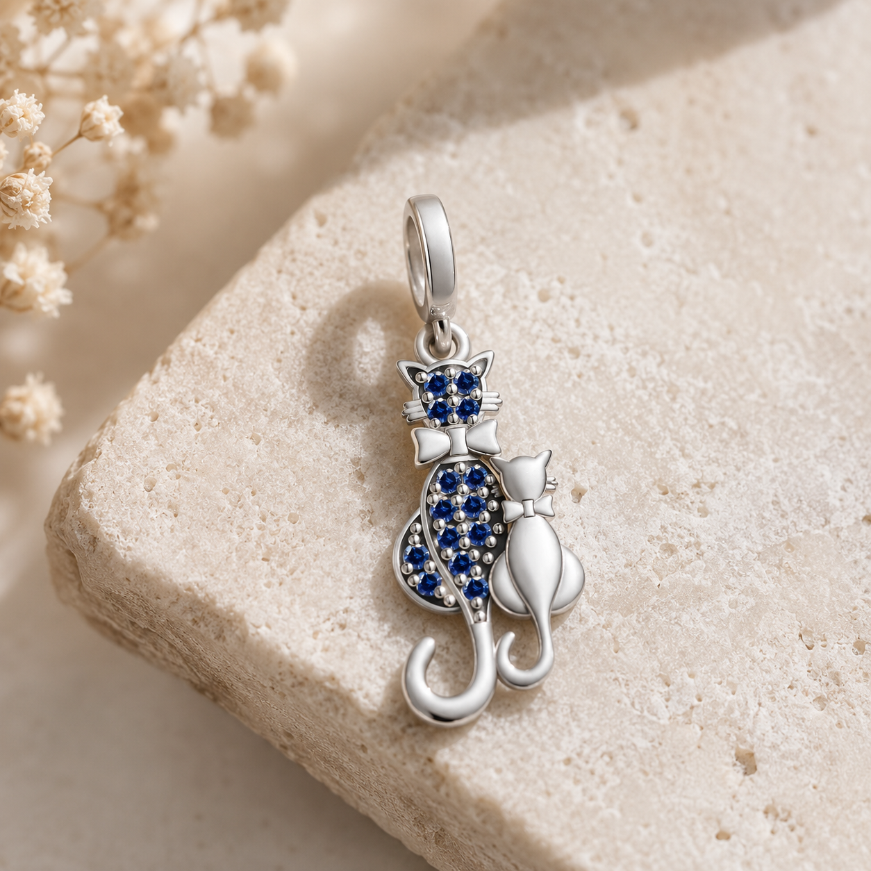 Sterling Silver Blue Zircon Double Cat Charm