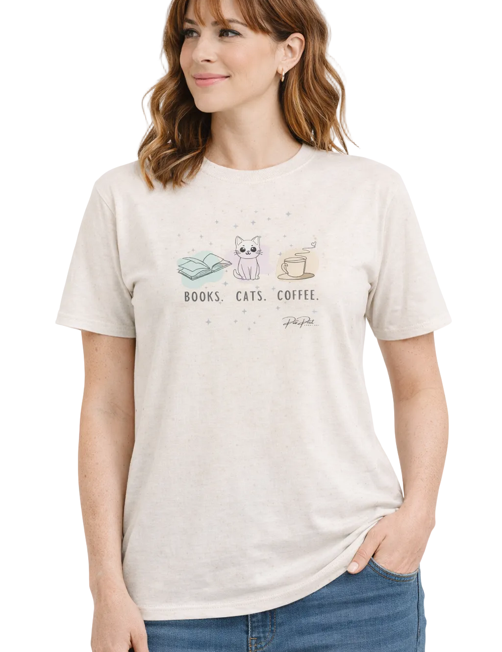 Woman wearing a beige t-shirt with graphics and text on a white background