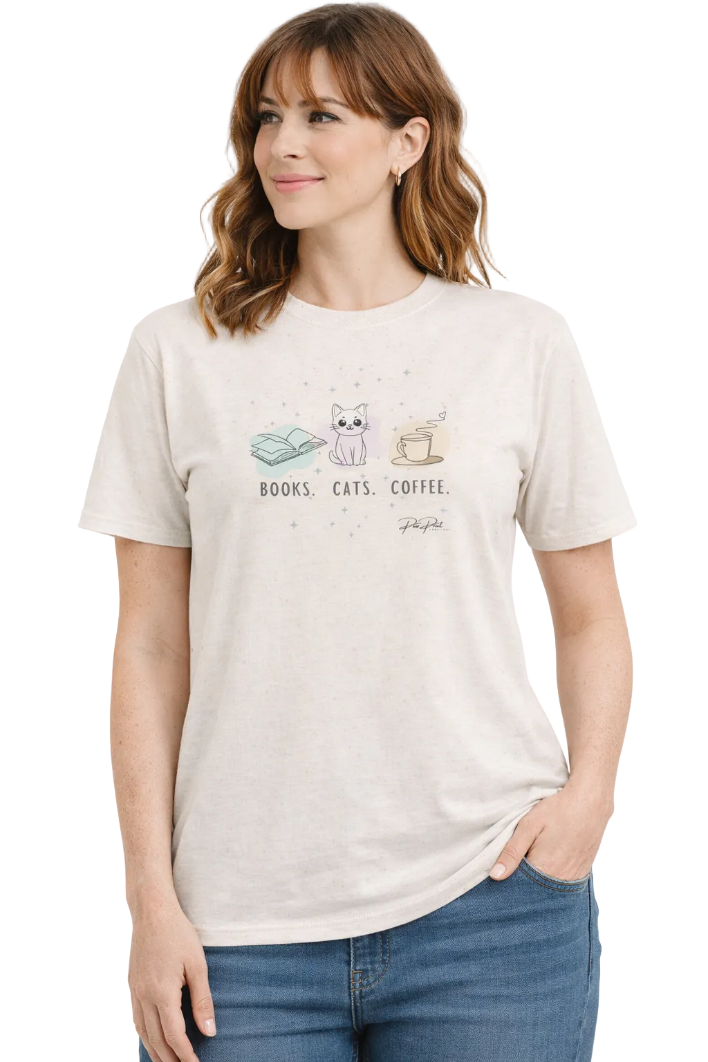 Woman wearing a beige t-shirt with graphics and text on a white background