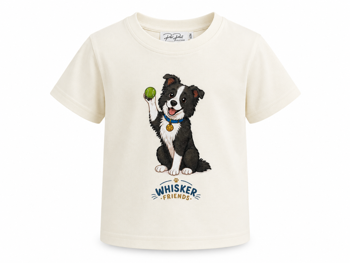 An off-white short-sleeve t-shirt featuring a cartoon illustration of a black and white dog holding a green tennis ball, with the text 'WHISKER FRIENDS' printed below.